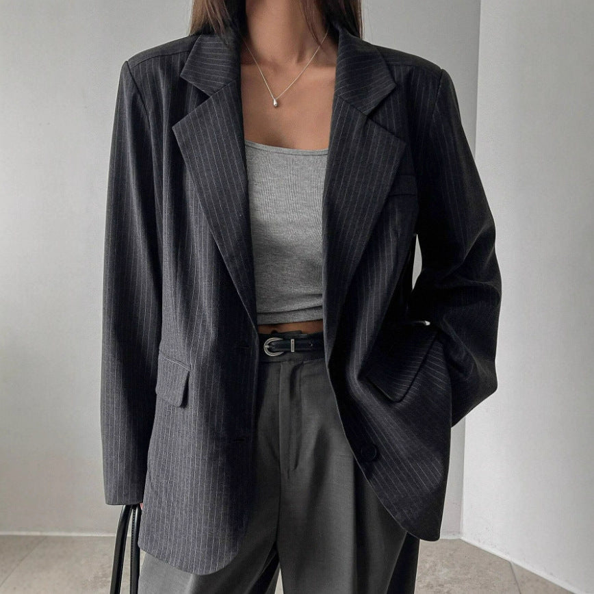 Fashionable Long Thin Striped Casual Women's Coat