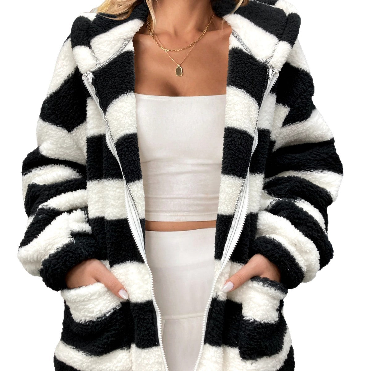 Casual Long Sleeve Black And White Striped Cardigan Jacket