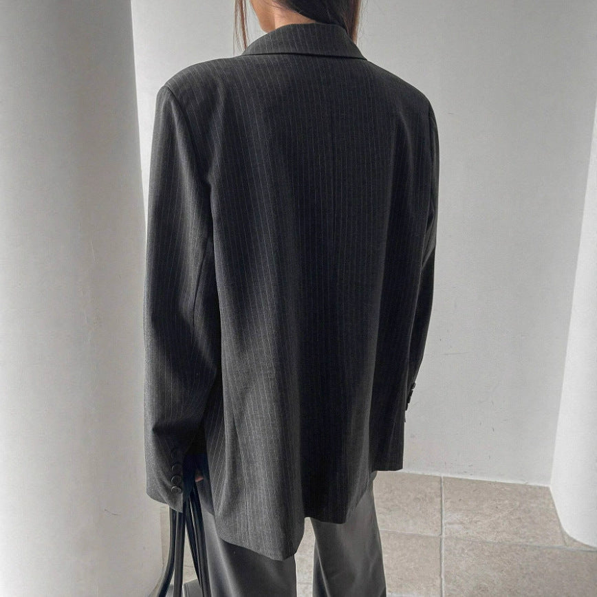 Fashionable Long Thin Striped Casual Women's Coat