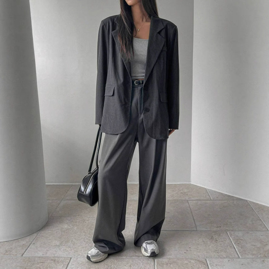 Fashionable Long Thin Striped Casual Women's Coat