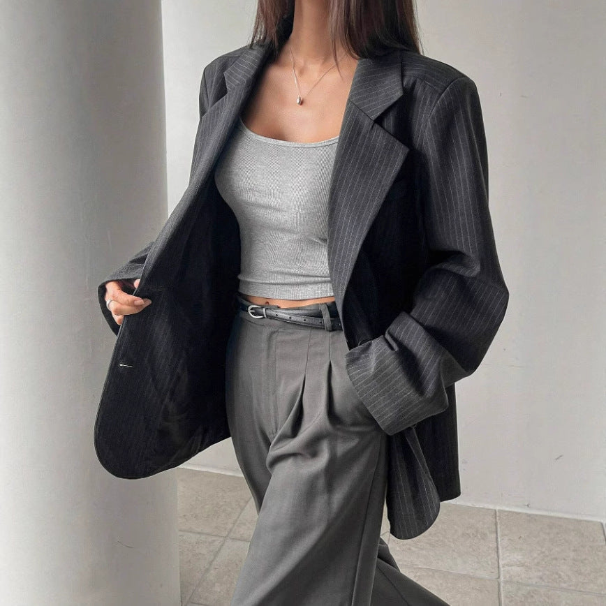 Fashionable Long Thin Striped Casual Women's Coat