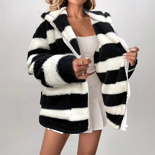 Casual Long Sleeve Black And White Striped Cardigan Jacket