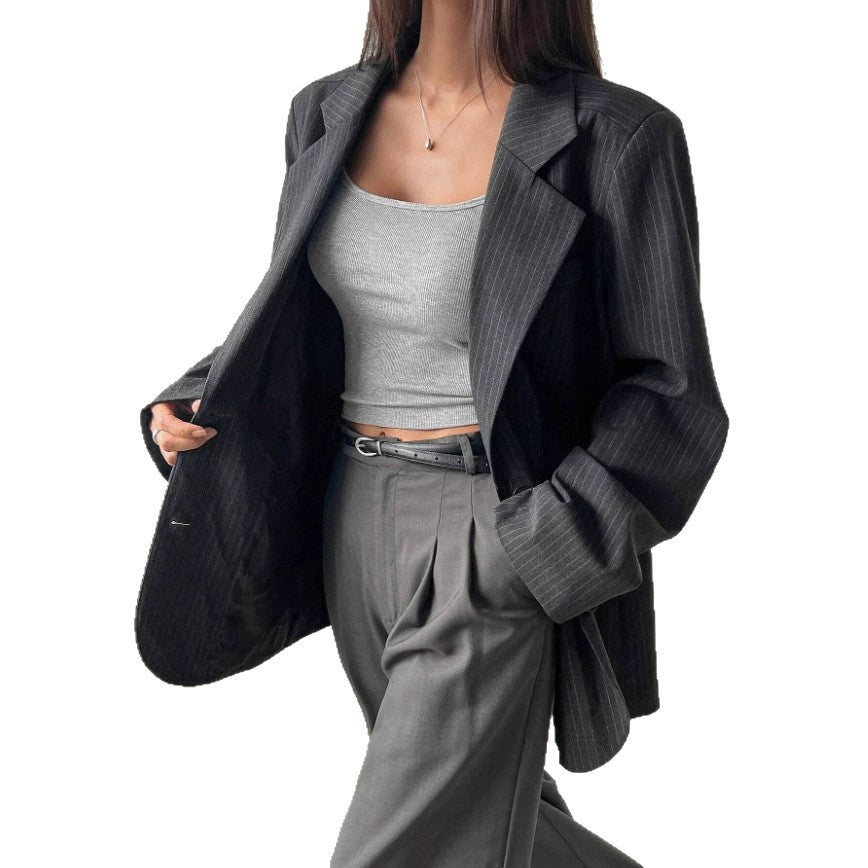 Fashionable Long Thin Striped Casual Women's Coat